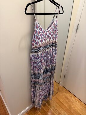 Somedays Lovin White Maxi Dress with Pink & Blue Print
